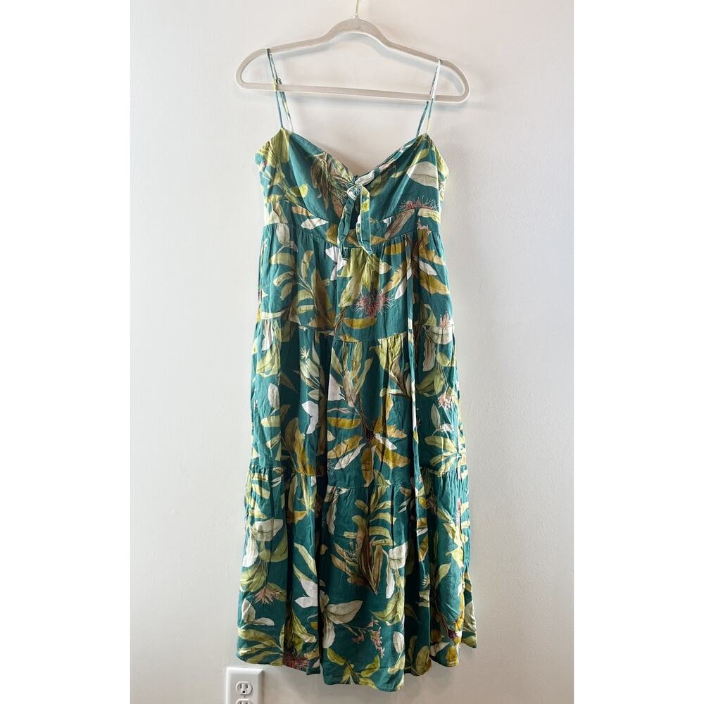 O.P.T. Tie Front Tropical Print Midi Sundress Dress Green Medium - Picture 3 of 5